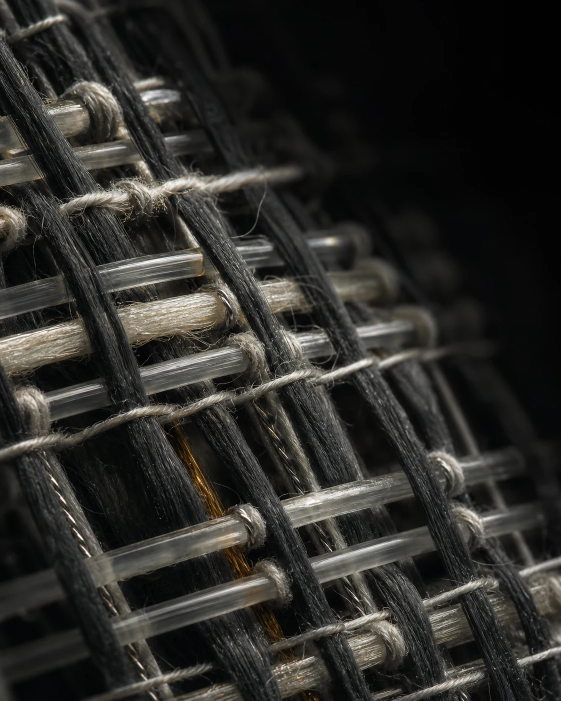 Intreccio ravvicinato di fibre nere, fili chiari e filamenti di vetro